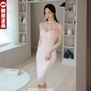 韩国东大门代购晚礼服高端连衣裙奢华大牌优雅性感挂脖削肩抹胸裙