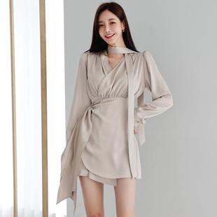 韩国设计师款代购晚装高级感飘带衬衫连衣裙法式修身贵气显瘦名媛