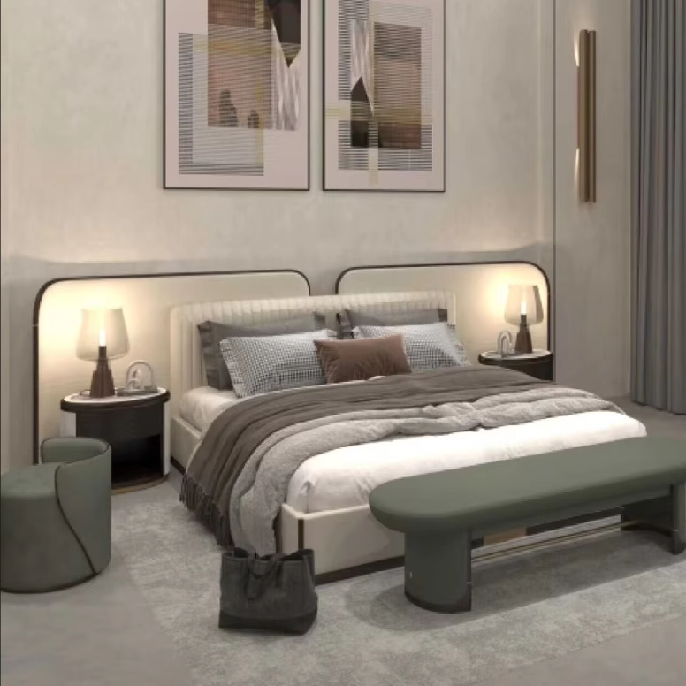 意式极简大屏布艺床宋氏美学现代简约主卧双人床设计师样板房定制