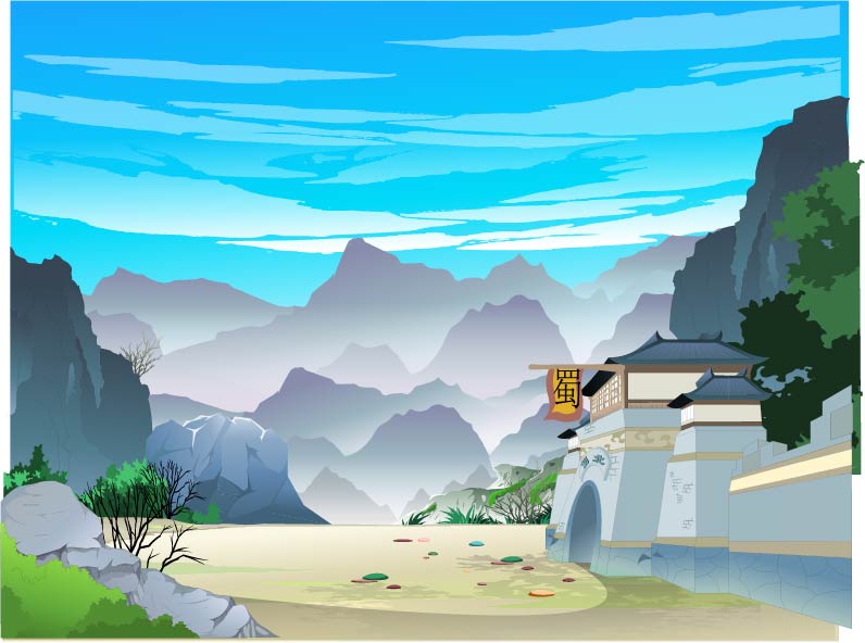 ai古代风景场景古城楼古风建筑外景矢量分层图片可拆分