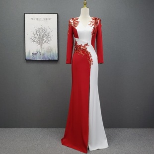 高端晚礼服简约气质年会主持裙端晚礼服长袖修身显瘦鱼尾裙宴会裙