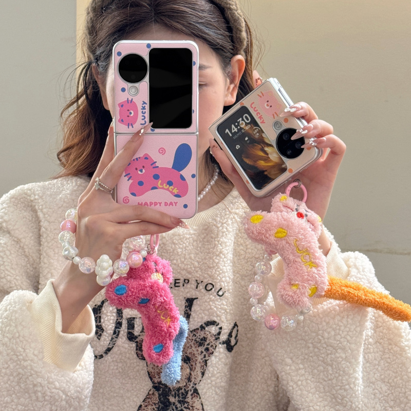 ins风韩国卡通小猫咪适用OPPOFindN3Flip手机壳折叠屏N2Flip小羊皮全包n3flip防摔N2Flip毛绒公仔手链保护套