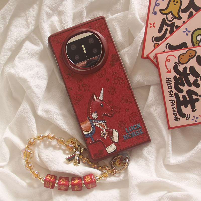 ins新年红底布偶马皮纹适用华为MATEX7手机壳matex6/x5/X3典藏版折叠屏OPPOFindN2手链OPPO find n5保护套女