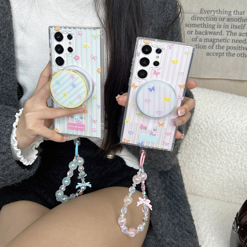 ins韩系条纹小碎花爱心蝴蝶适用三星GalaxyS25Ultra手机壳s24plus磁吸支架S23ultra手链s25+防摔保护套女