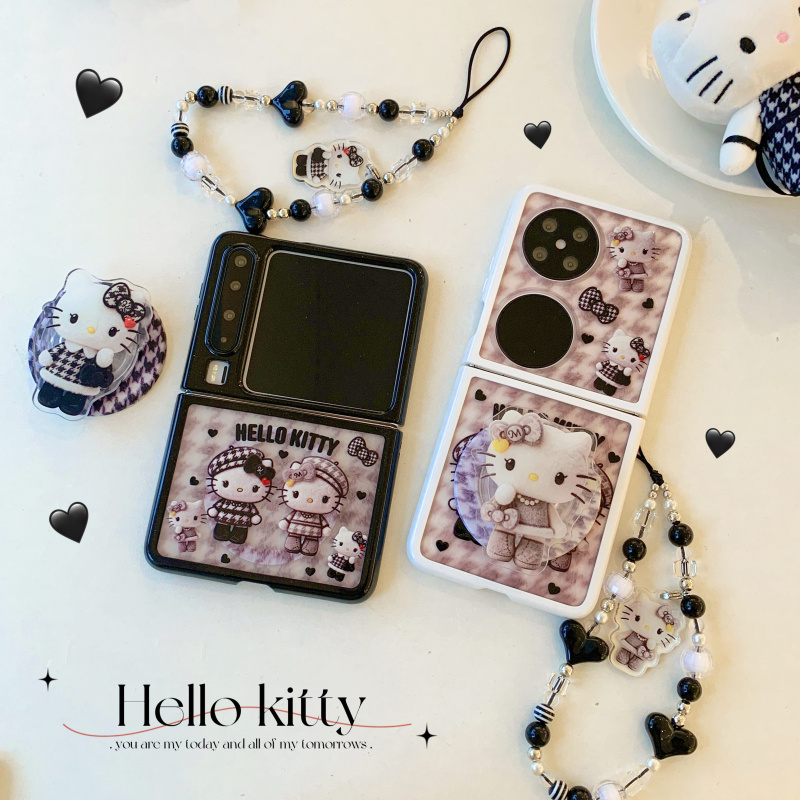 ins韩系可爱卡通千鸟格KT猫适用华为PuraX手机壳Pocket2磁吸支架小米mixflip2折叠屏三星zflip7保护套手链女