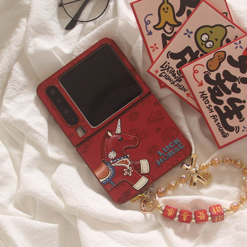 ins新年红底布偶马皮纹适用华为puraX手机壳Pocket2小米MIXFlip折叠屏OPPOFindN3Flip荣耀MagicV三星zflip7套