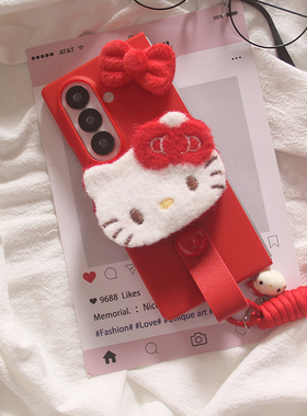 ins日韩立体毛绒红色KT猫适用三星zfold7手机壳折叠屏fold5创意新款FOLD6手链防摔ZFold4/3个性保护套w22女款