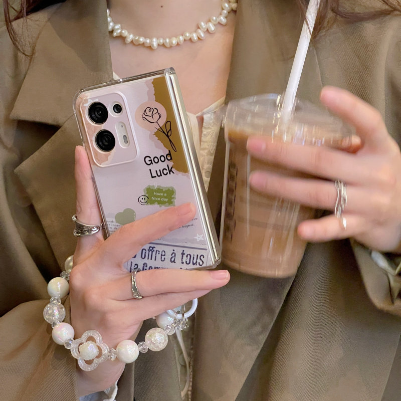 适用于OPPOFindN2手机壳OPPOfind n折叠屏ins复古做旧报纸微笑脸玫瑰花新款OPPO Find N2 Flip手链保护套女款