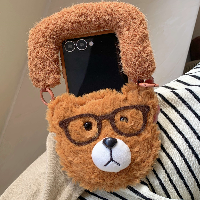 ins日韩秋冬毛绒卡通可爱泰迪熊适用华为puraX手机壳Pocket2三星zflip7小米MIXFlip折叠屏OPPOFindN3Flip套女