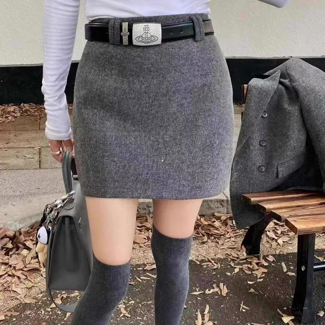 2024秋冬气质高腰百搭毛呢短裙女