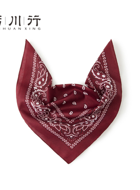 复古酒红腰果花印花纯棉小方巾多功能骑行围脖防晒装饰巾男女通用