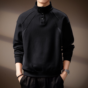 高端美式复古纽扣立领Polo衫卫衣男秋季重磅潮牌宽松休闲拼接上衣