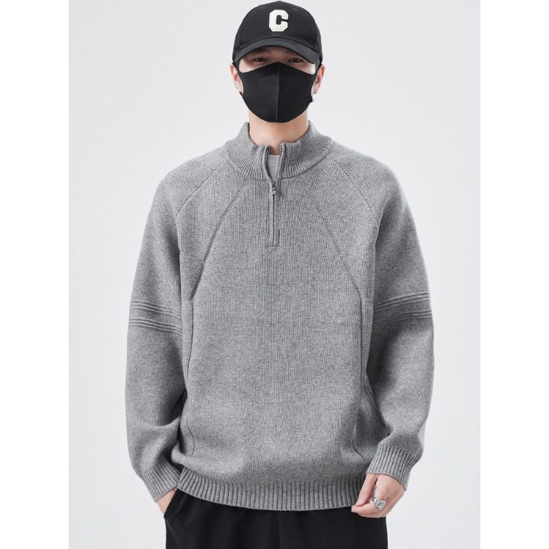 半高领拉链毛衣男秋冬季2025新款宽松套头纯色打底针织衫男生潮流