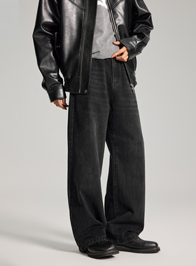 RHRB男士直筒阔腿黑色牛仔裤男款夏季薄款美式高街黑牛宽松长裤子