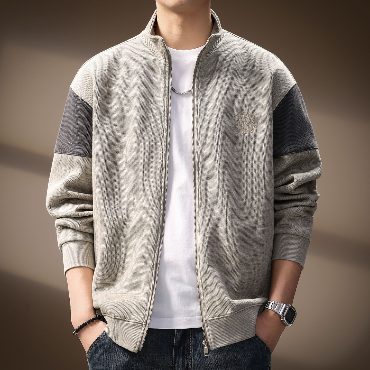 高端美式潮牌刺绣立领卫衣男