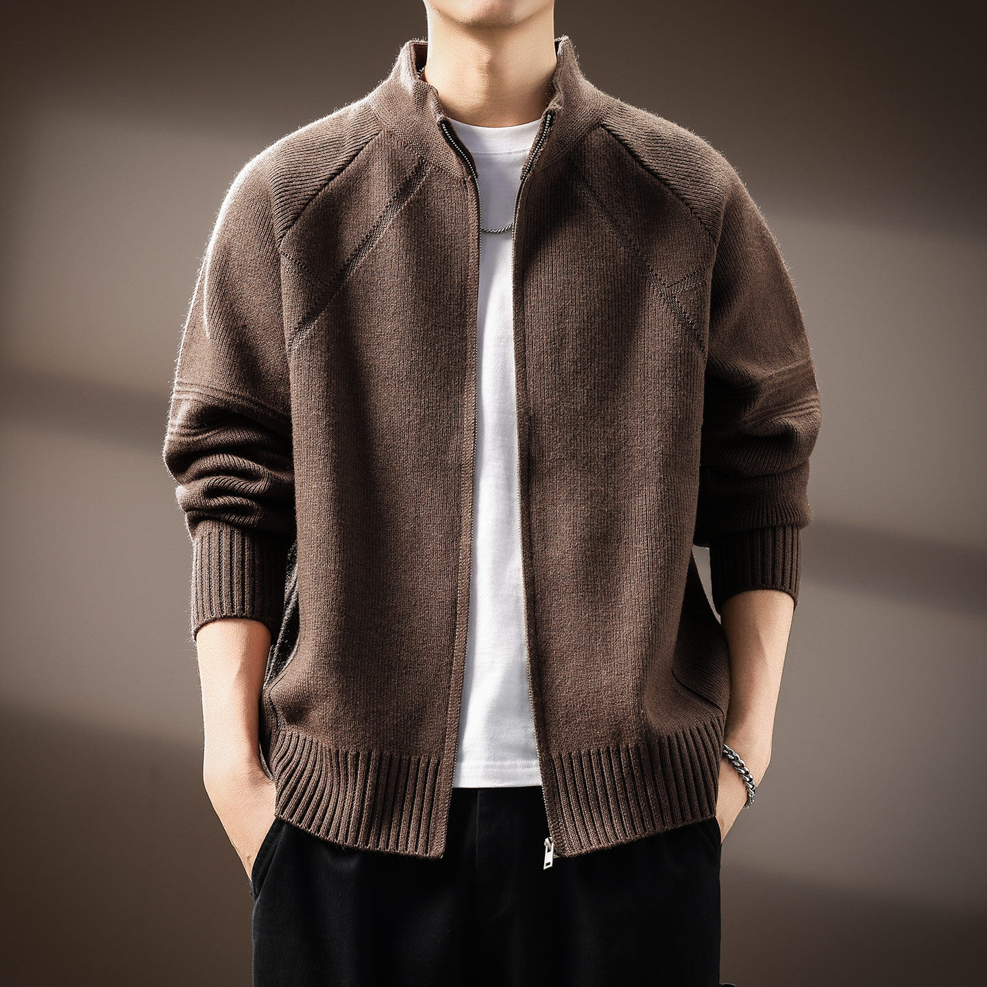 高端930g重磅开衫毛衣男士外套秋冬宽松慵懒风美式休闲拉链针织衫