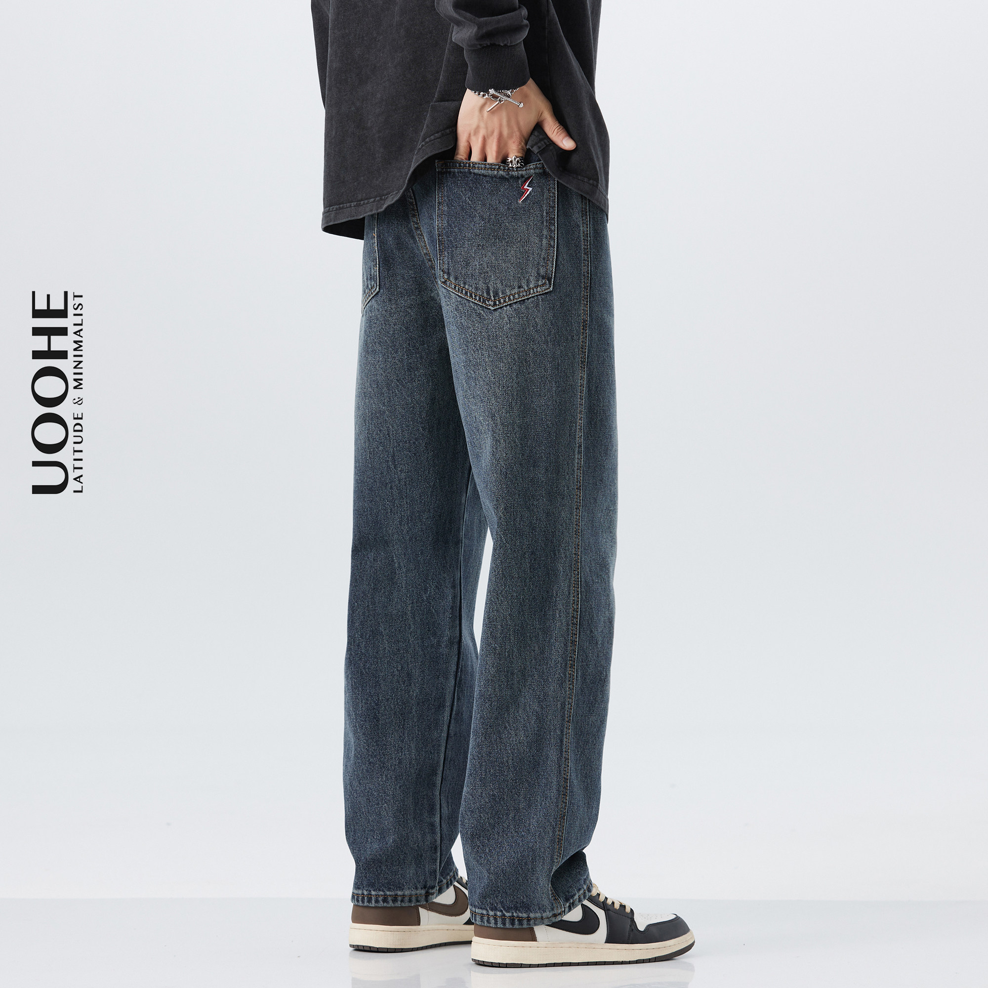 UOOHE深蓝色直筒牛仔裤男士秋冬季美式复古休闲宽松阔腿裤子男生
