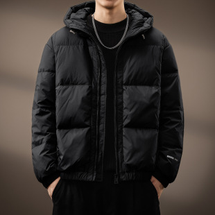 高端90鸭绒防风羽绒服男士连帽短款冬季新款美式保暖面包服外套男