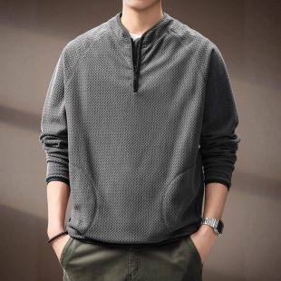 高端美式 T恤男士 2026春秋新款 半拉链户外休闲上衣 复古波浪纹长袖