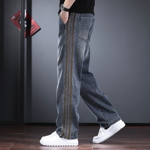 重磅休闲牛仔裤男秋冬款潮牌宽松直筒长裤条纹高街加绒加厚男裤子