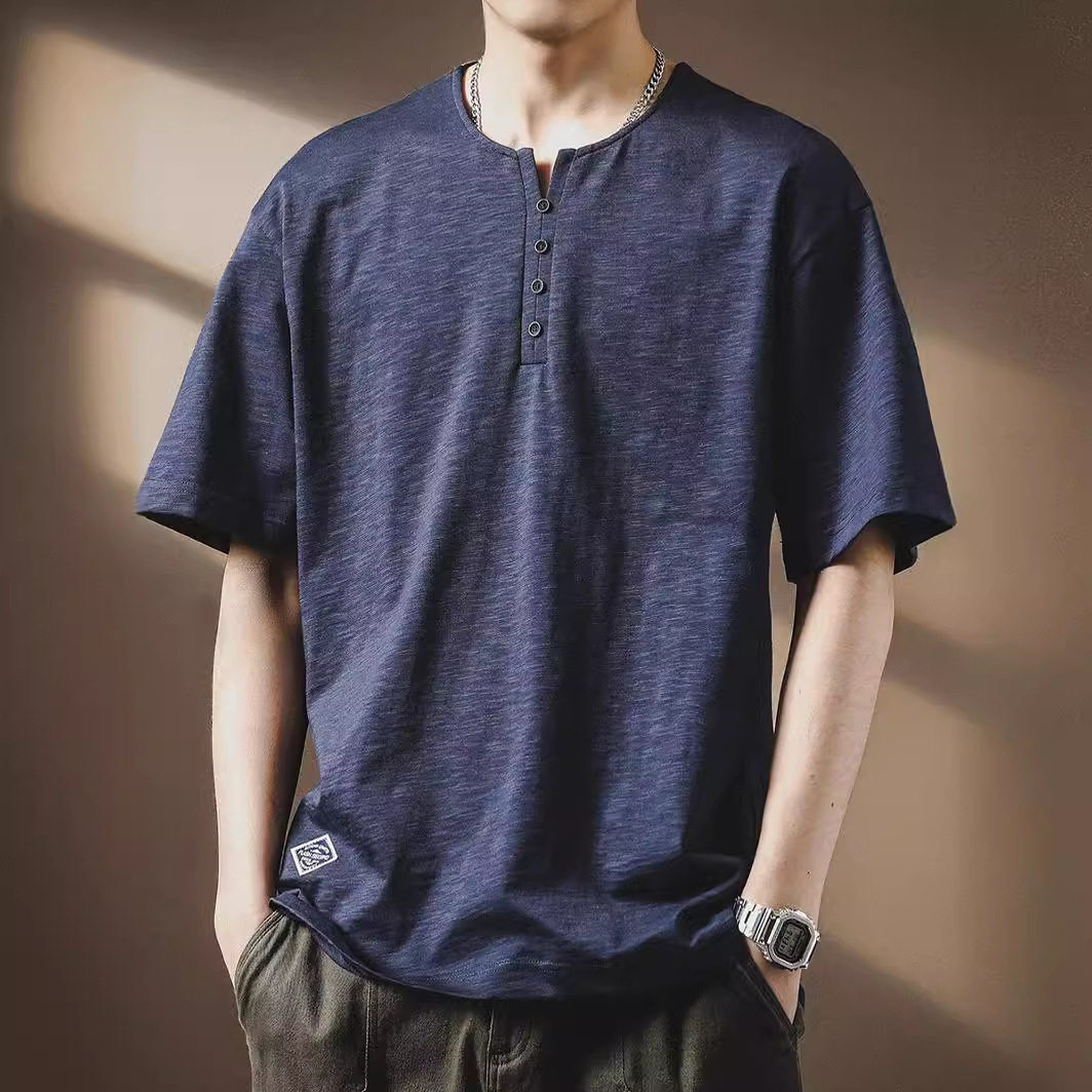 高端美式复古竹节棉亨利领短袖Polo衫男夏季薄款宽松半袖T恤上衣
