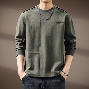高端美式复古男士长袖T恤宽松秋季潮牌圆领打底衫拼接套头卫衣男