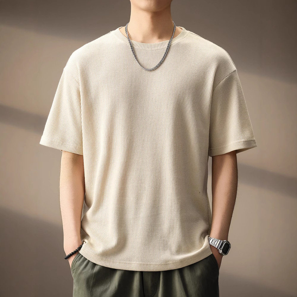 高端软糯针织华夫格短袖T恤夏季宽松重磅基础款美式复古打底衫男