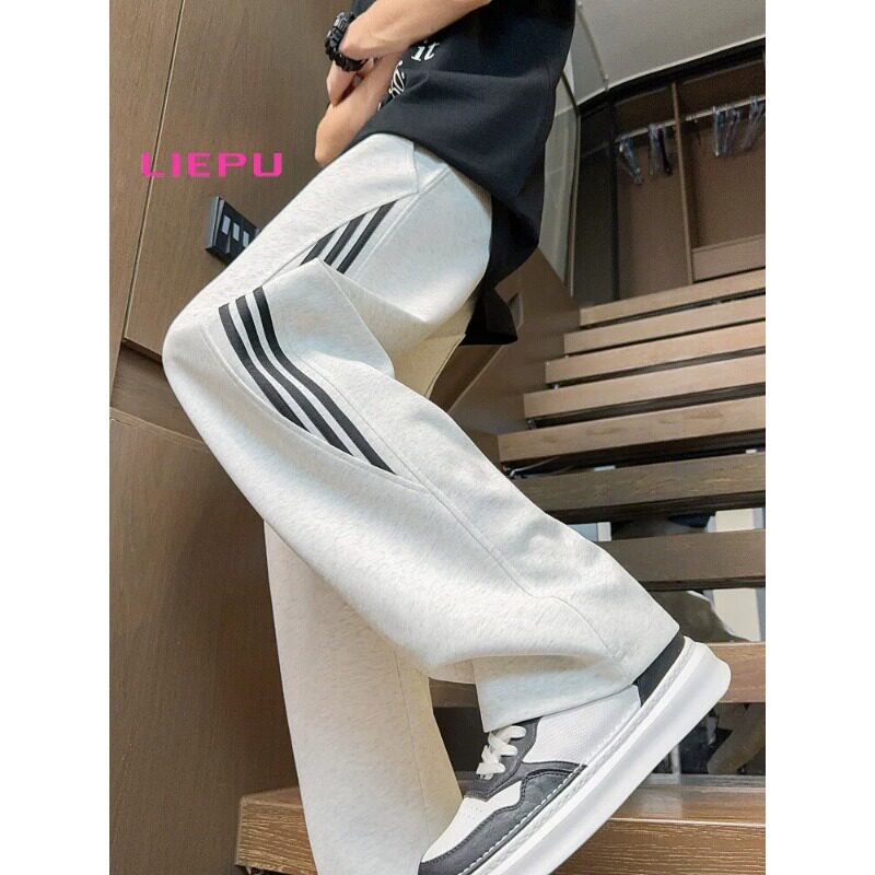 猎璞男士弯刀裤子宽松直筒休闲裤白色男生新款美式夏季运动卫裤男