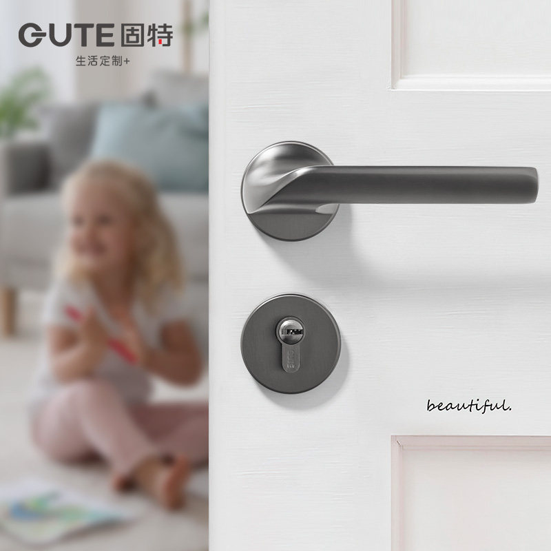 固特锁具室内卧室静音门把手房门锁灰黑现代门锁房间门分体木门锁