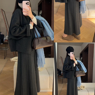 毛呢百褶半身裙秋冬厚款垂感半裙