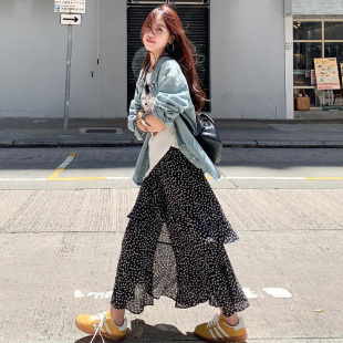 碎花开叉荷叶边半身裙女夏薄款大码不规则雪纺a字显瘦侧开叉长裙