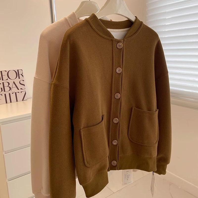 2024春秋新款女装韩版宽松纯色显瘦立领上衣棒球服卫衣开衫外套女