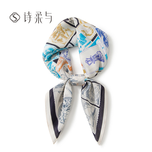 蓝金拼图印花真丝女士方巾桑蚕丝双绉缎小清新百搭领巾披肩