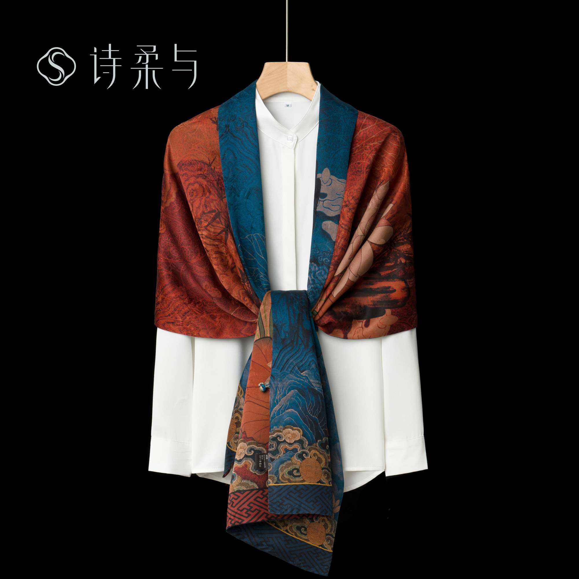 重磅香云纱围巾女秋冬长款盘扣桑蚕丝加厚大披肩新中式送礼礼品