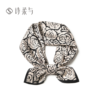 小香风黑白山茶花丝巾大方巾素绉缎桑蚕丝围巾披肩女百搭新年礼