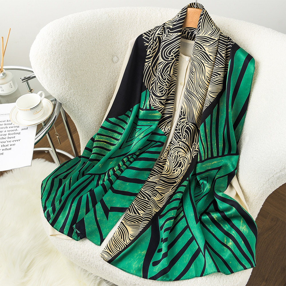 母亲节礼物杭州真丝丝巾女妈妈绿色送礼桑蚕丝围巾高级长巾