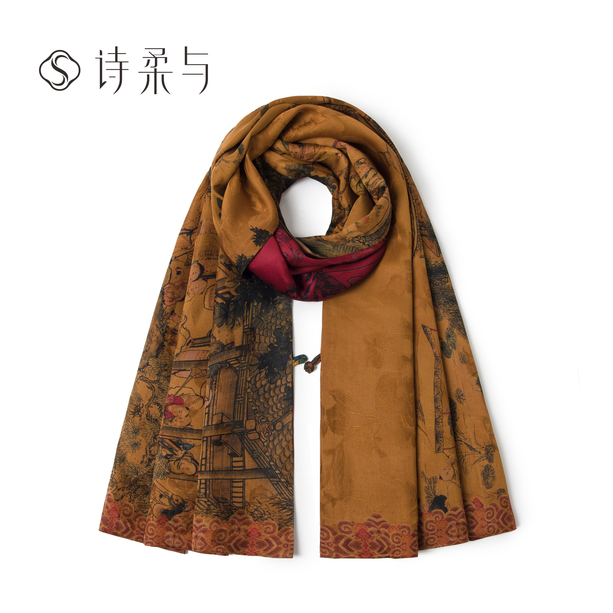 软黄金香云纱盘扣围巾披肩两用秋冬女国风加厚保暖桑蚕丝妈妈礼物