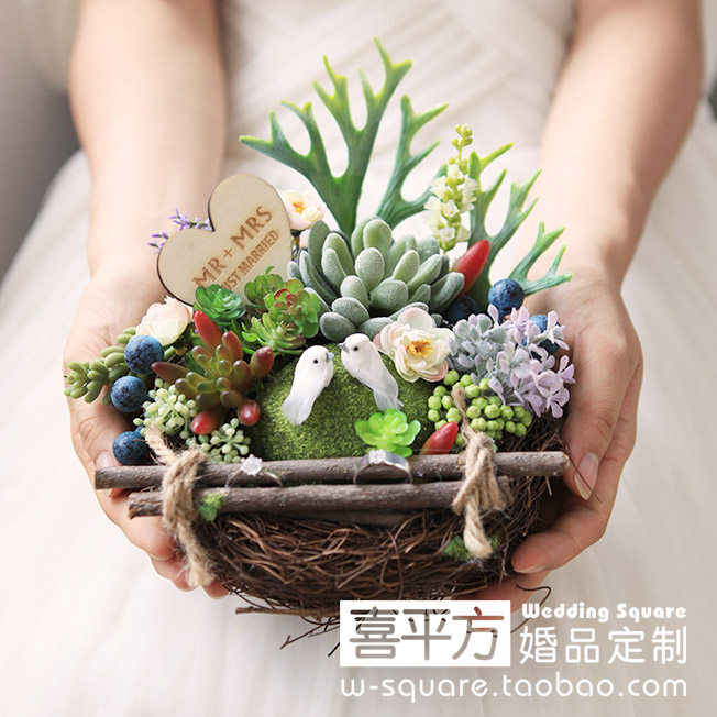 【喜平方】多肉款爱巢戒枕/手工森系森林多肉婚礼戒枕戒托定制