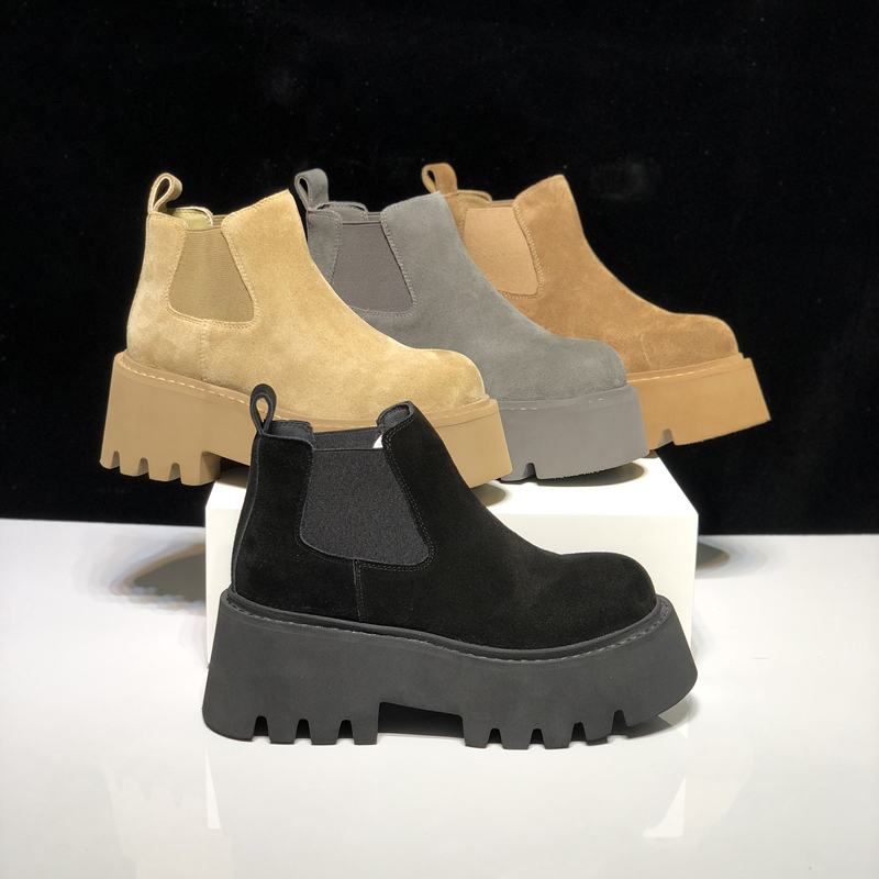 2025冬新款时尚短靴女真皮厚底增高6cm短筒加绒保暖欧货马丁靴女