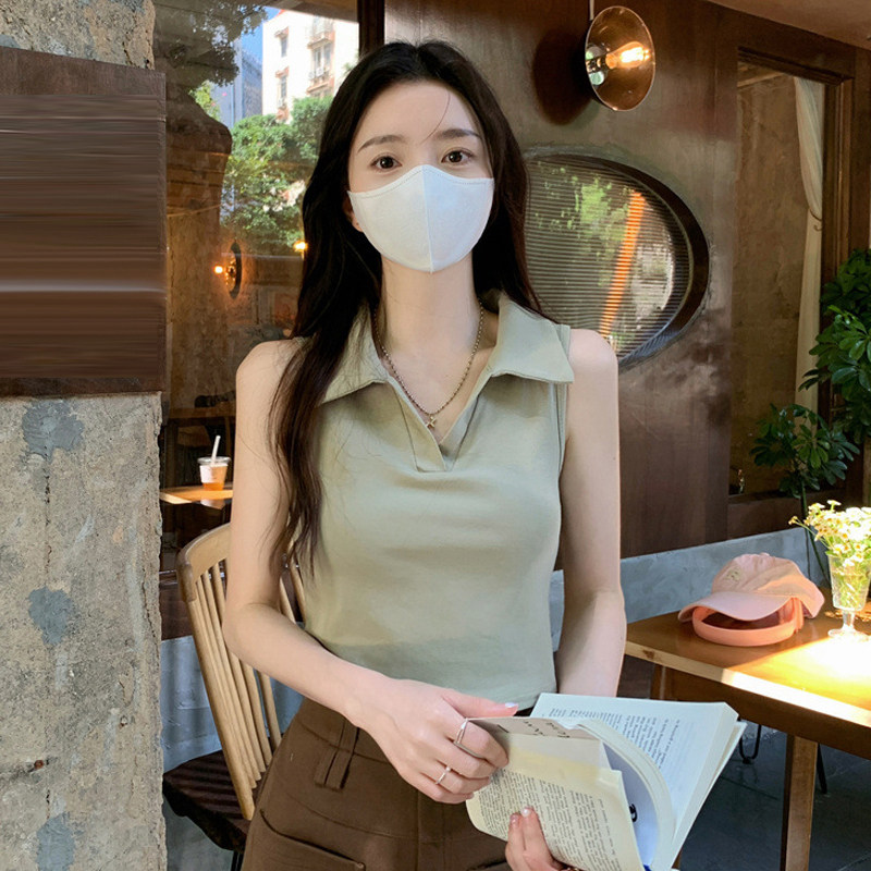 时尚Polo领短款背心女夏外穿带胸垫学生V领坎袖上衣显瘦打底衬衣