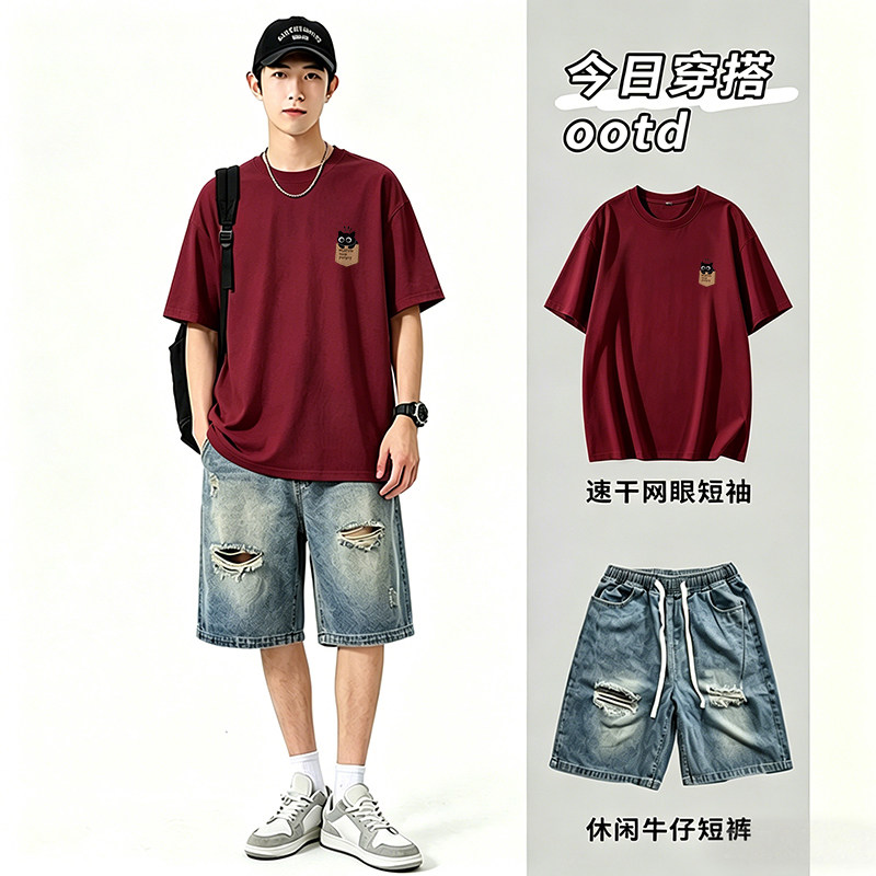 男款夏季休闲纯棉T恤牛仔裤套装