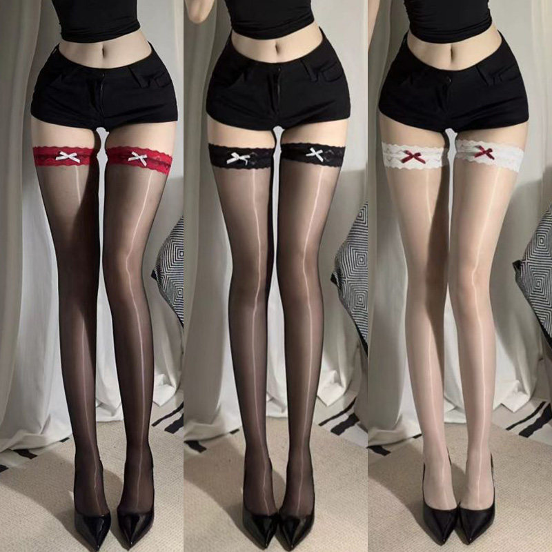 极光超加厚蕾丝蝴蝶结撞色半截过膝袜油光长筒袜情调红边黑丝袜女