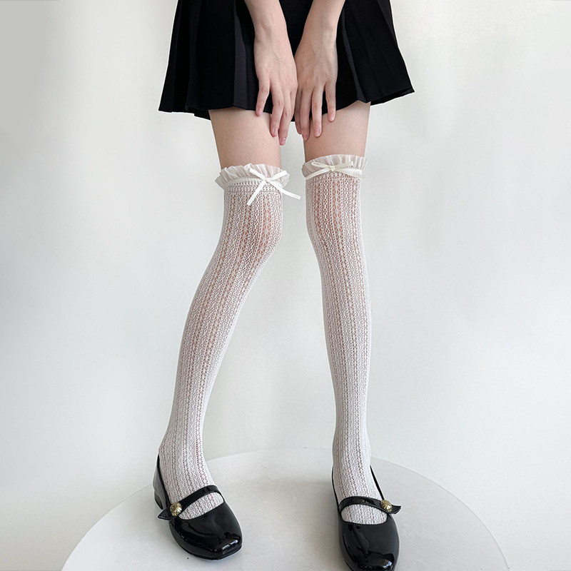 罗莉塔白色过膝袜女花边蝴蝶结长筒袜奶白蕾丝袜子镂空提花小腿袜
