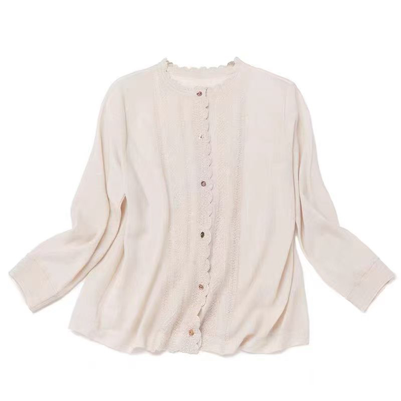 以花为名 80支精纺羊绒复古花边开衫宽松版纯色长袖中国风薄款女