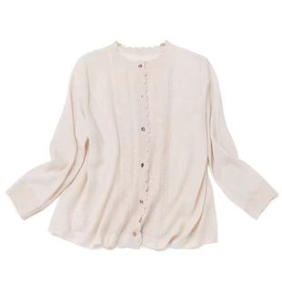 以花为名 80支精纺羊绒复古花边开衫宽松版纯色长袖中国风薄款女