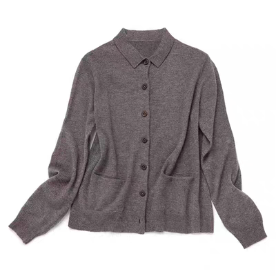 内蒙高货十二个月 小polo领山羊绒针织开衫女外套 系扣双兜 文艺