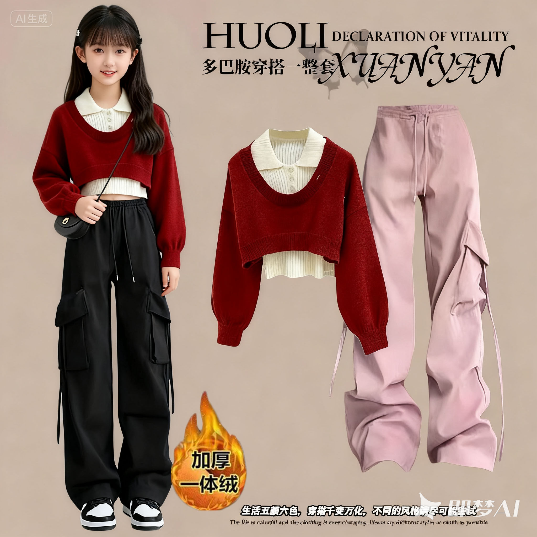 女童冬套装2025款洋气时髦上衣针织衫加绒加厚工装裤多巴胺三件套,童装/婴儿装/亲子装,套装,淘宝优惠券,粉丝福利购,淘宝优惠卷