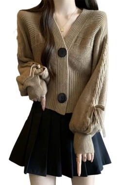 亚马逊外贸速卖通秋冬季新款针织衫毛衣女V领开衫短款高腰修身上