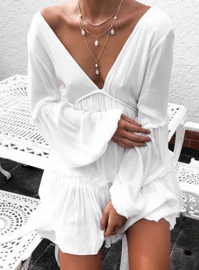 速卖通ebay亚马逊2020欧美女装外贸新款白色V领灯笼袖连衣裙