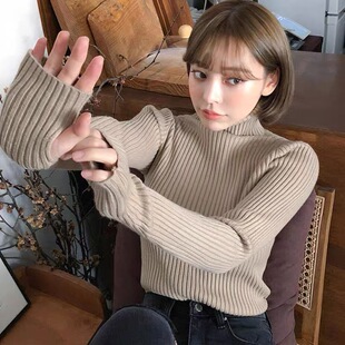 带手套的针织衫慵懒风高领手指洞毛衣女秋冬加厚套头堆堆领打低衫